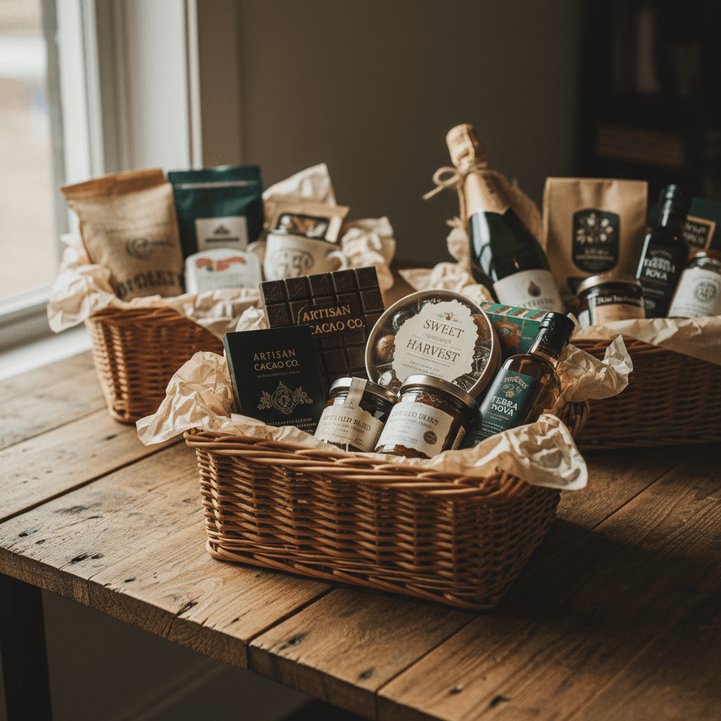Premium custom gift basket with gourmet items and luxury packaging