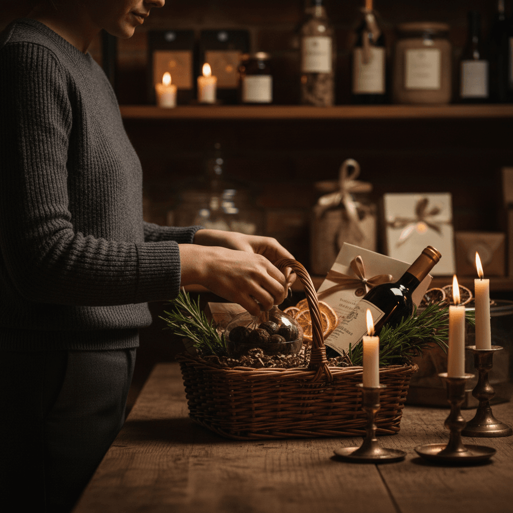Hands carefully curating and arranging items in a luxury gift basket
